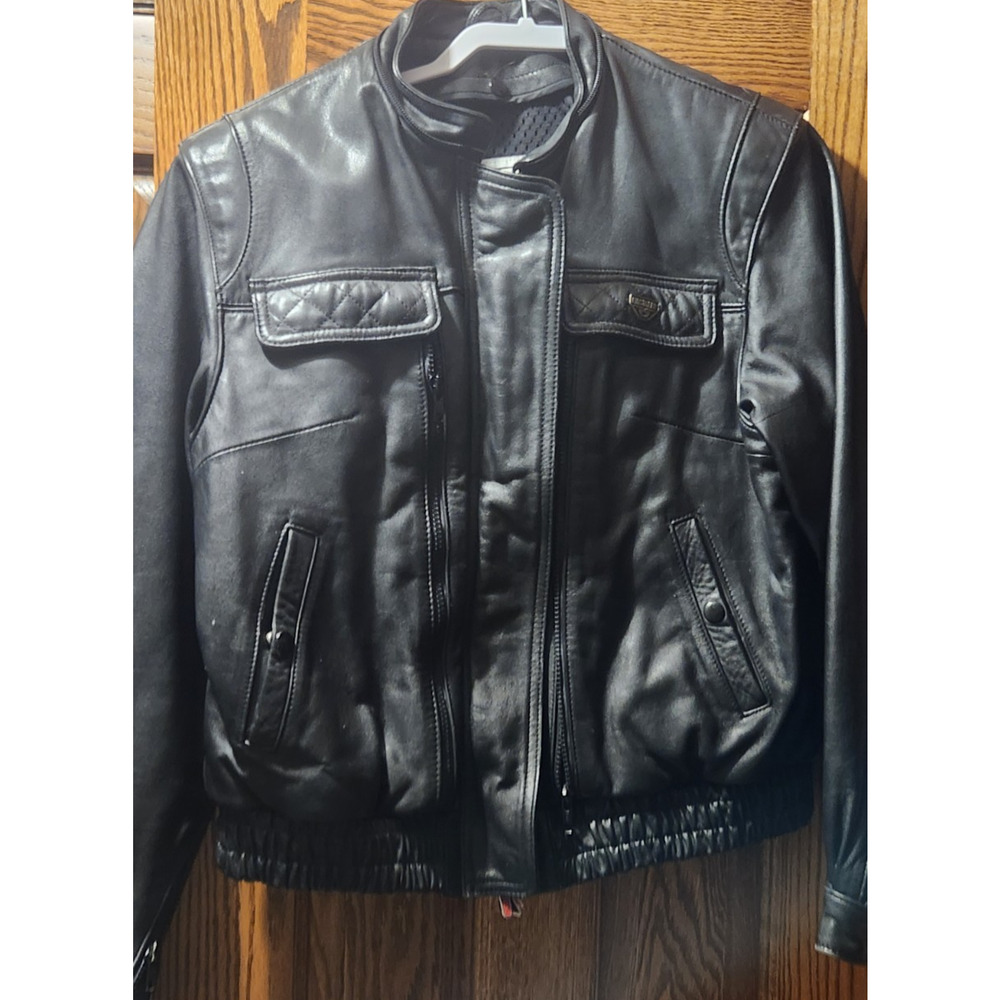 First Gear Women's Black Leather Biker Jacket Sz Lg Lot of Pockets Venting